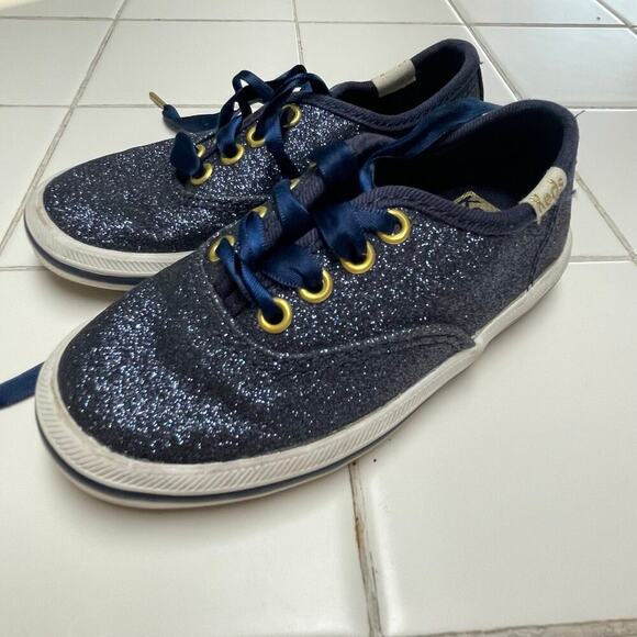 Keds Kate Spade Champion Blue Navy Glitter Sneakers Satin Laces Girls Size 7 - Picture 1 of 6